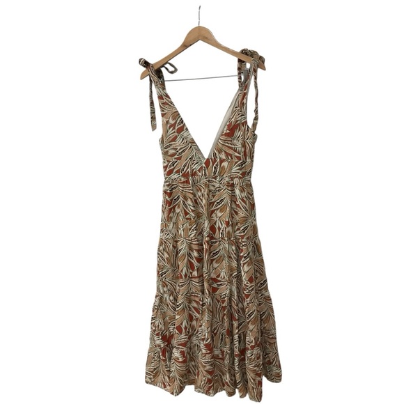House of Harlow Midi Leaf Dress tie Shoulder Straps linen Tiered Multicolor XS - Picture 3 of 6